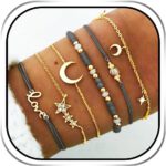 Edary Lot de 6 bracelets boho Étoiles et lune en cristal et pierres précieuses bracelet Doré perles fait à la main chaîne pour femmes et fille