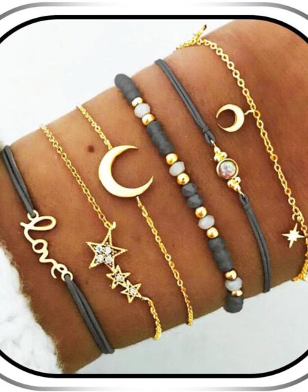 Edary Lot de 6 bracelets boho Étoiles et lune en cristal et pierres précieuses bracelet Doré perles fait à la main chaîne pour femmes et fille